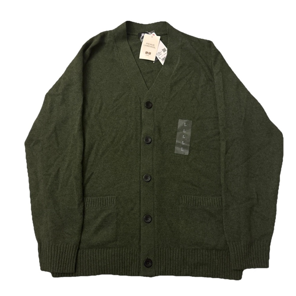 Unisex Uniqlo Lambs Wool Olive Green Cardigan Button Sweater V Neck US M Medium